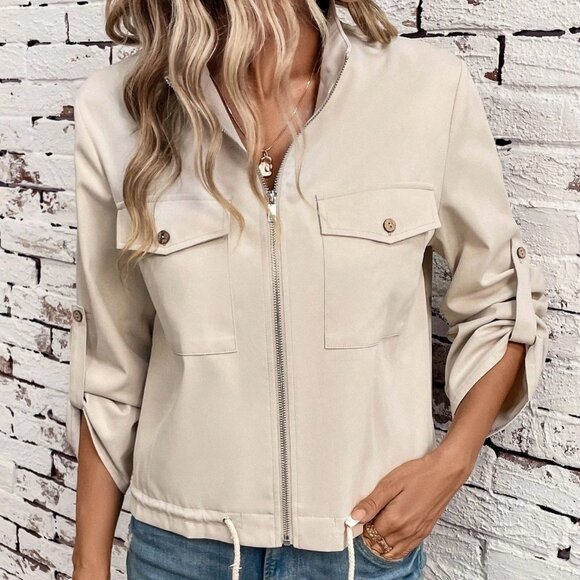 Apricot Casual Womens Flap Pocket Roll Tab Sleeve Drawstring Hem Zip Up Jacket - Picture 4 of 5